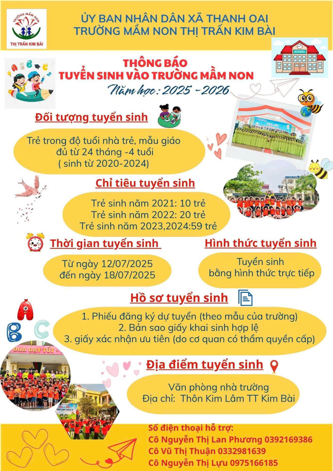 THÔNG BÁO TUYỂN SINH VÀO TRƯỜNG MNTT KIM BÀI NĂM HỌC 2025-2026
